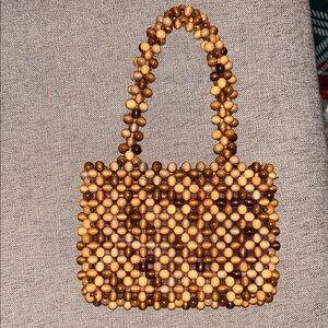 VINTAGE Handmade WALBORG Wooden Beaded Light/Dark Brown Handbag Made in Japan